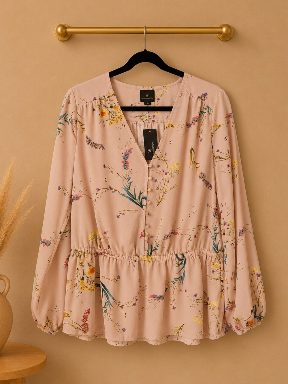 Worthington Blush Floral Peplum Button-Front Top